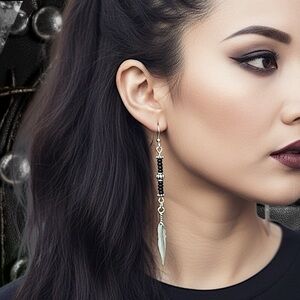 5 For $25💫Long Alternative Silver Feather Black Beaded Dangles